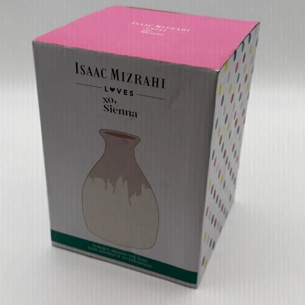 Isaac Mizrahi Loves‎ Xo Sienna Vase Ceramic Pottery Cream Hand Dipped Pink Glaze